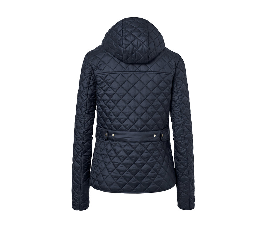 Detailansicht der Rückseite einer Steppjacke mit Kapuze.