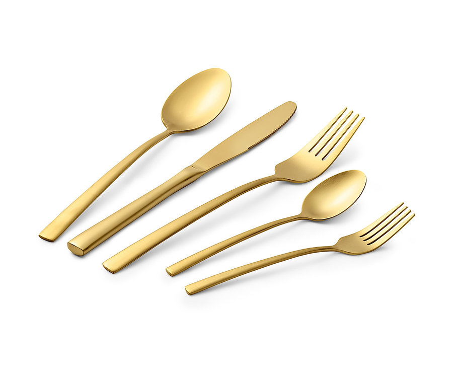 Goldfarbenes Besteck-Set, 20-teilig, auf weißem Hintergrund.