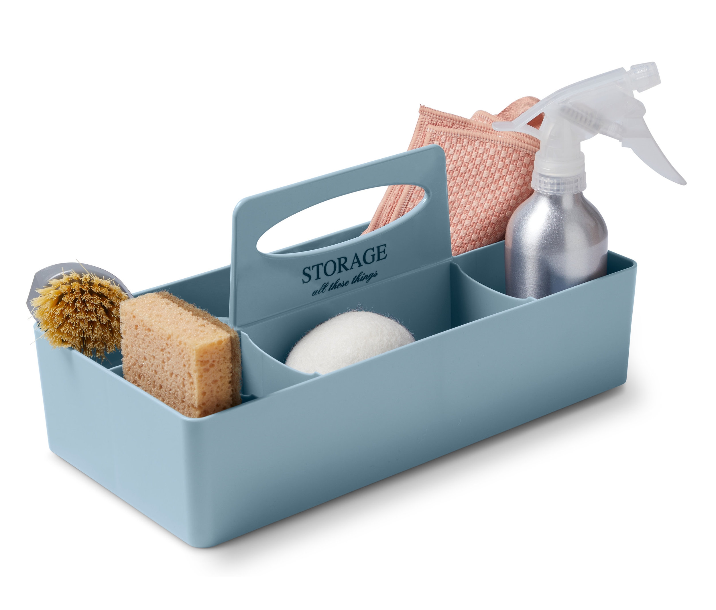 Hellblaue Toolbox mit Reinigungsmitteln.