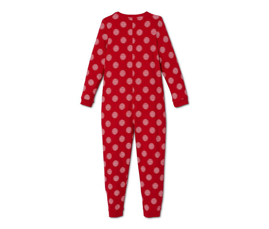 Roter Jersey-Overall-Pyjama mit weißen Punkten.