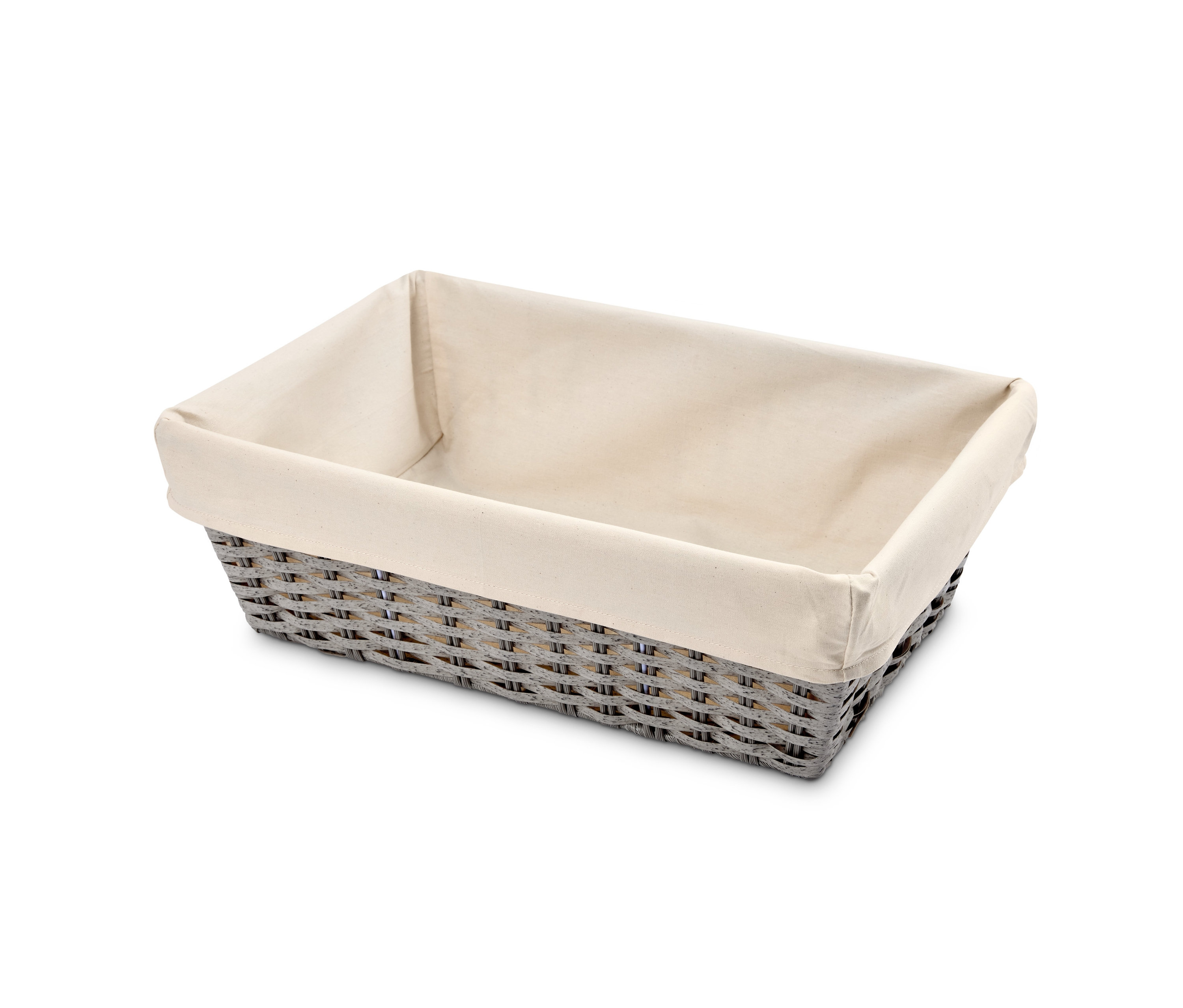 Ein Schrankkorb im Rattandesign mit Stoffeinsatz.