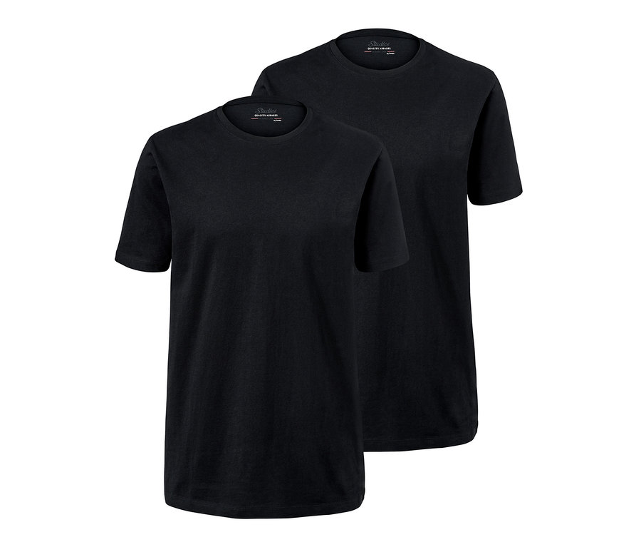 Zwei schwarze T-Shirts mit Rundhalsausschnitt.