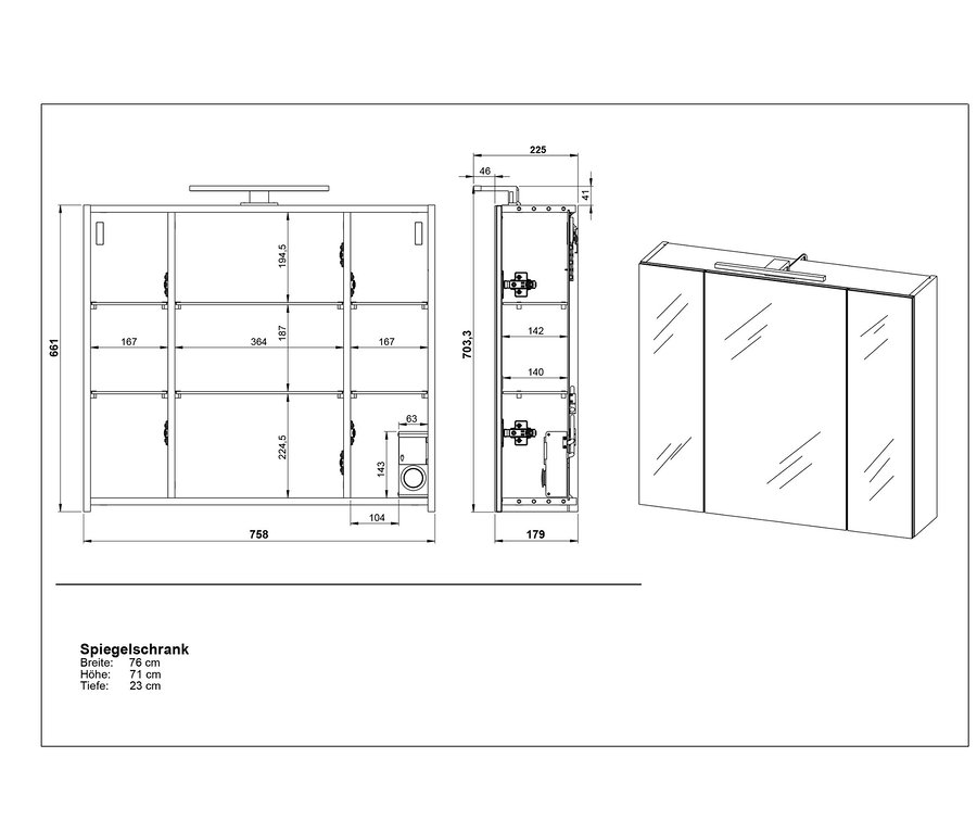 Technische Zeichnung eines Spiegelschranks »PESCARA« und »2754« in Graphit mit Maßangaben.