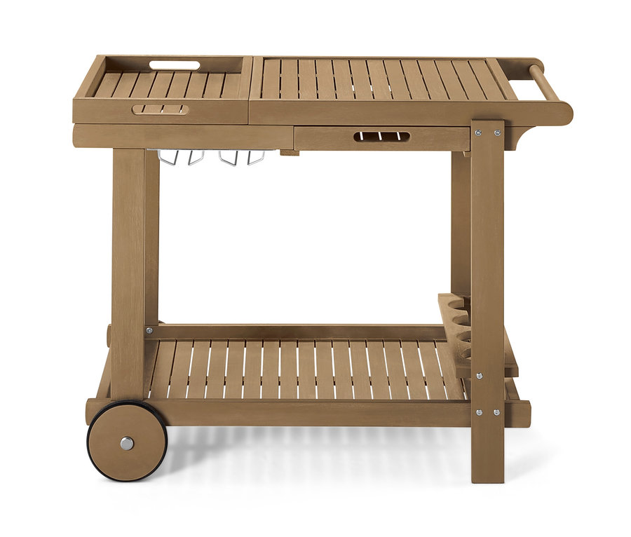 Ein Grillwagen »Lenja« mit 2 Tabletts aus Akazienholz, mit Rädern, Gläserhalterungen und einer unteren Ablage.