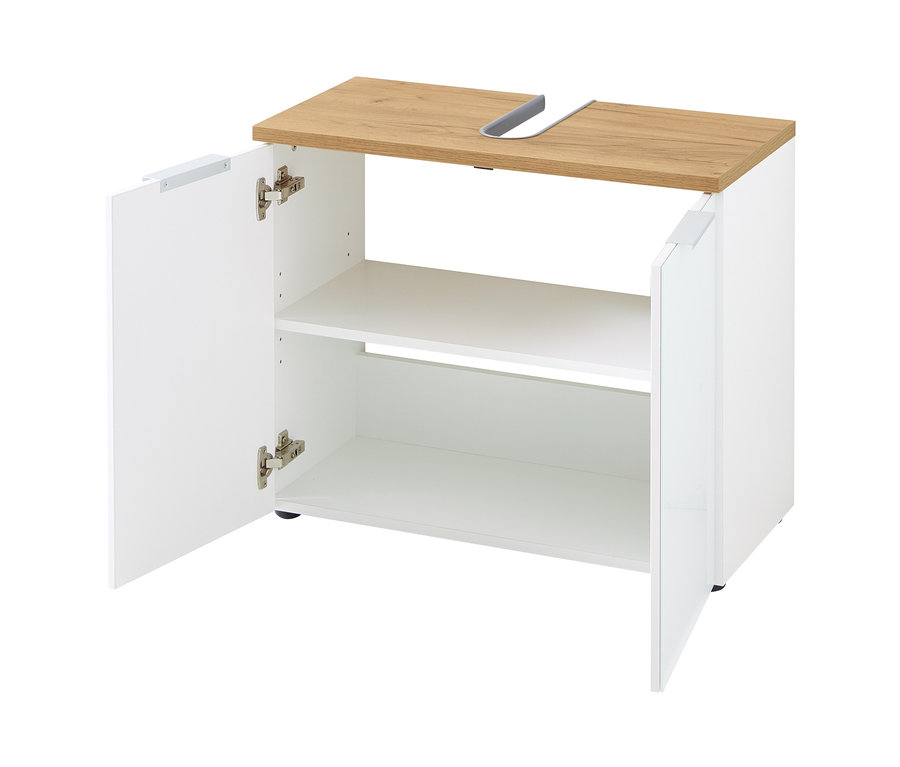 Geöffneter weißer Waschbeckenunterschrank Pescara mit Holzplatte und zwei Regalen.