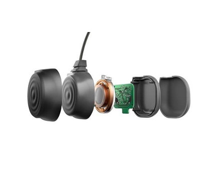 Detailaufnahme eines zerlegten Philips Bone Conduction Kopfhörers »TAA6606BK«.