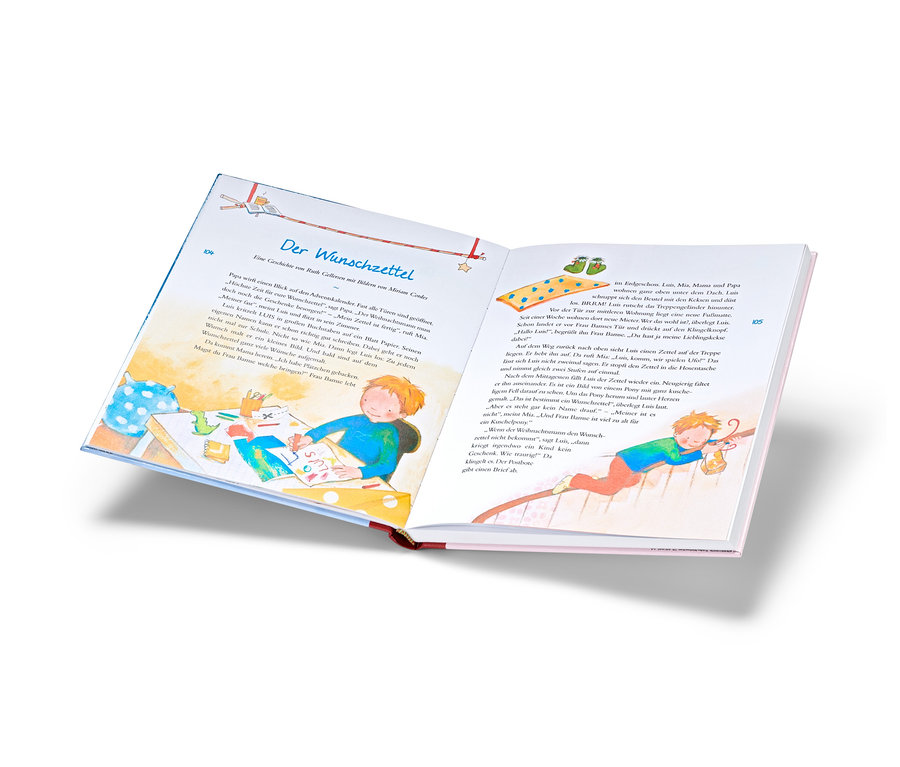 Offenes Buch mit der Illustration eines Jungen, der an einem Tisch zeichnet, und Text aus dem Buch "Das große Vorlesebuch für Weihnachten".