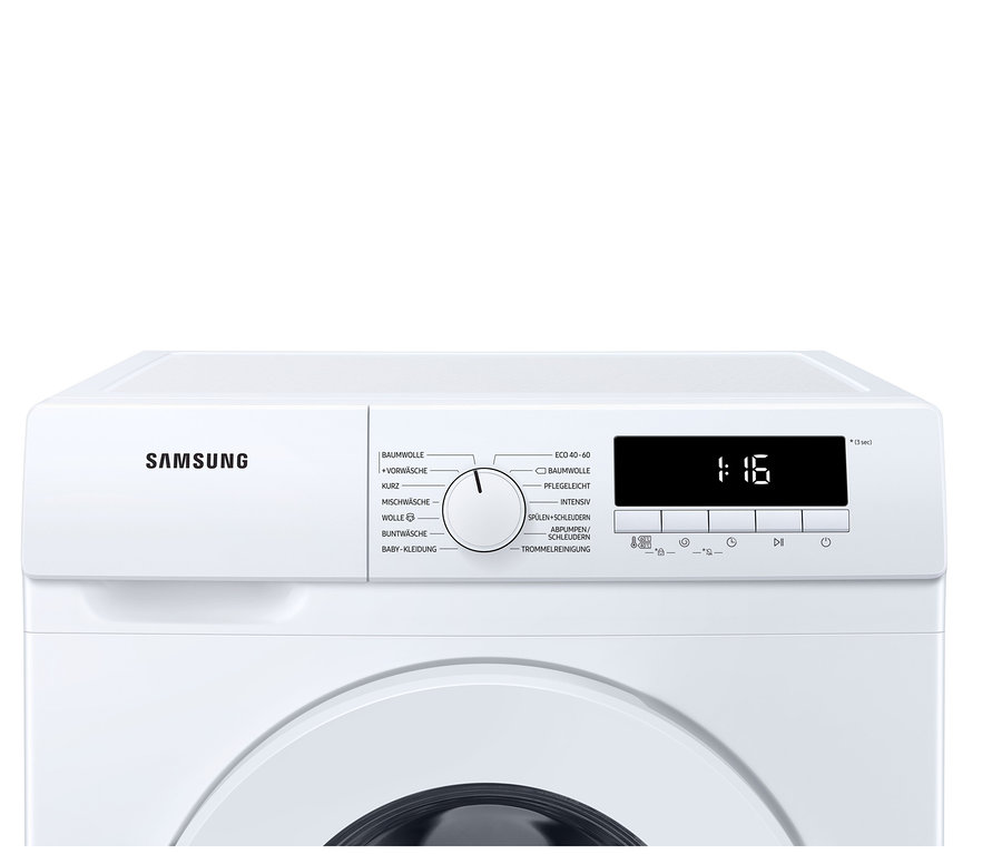 Detailansicht einer weißen Samsung Waschmaschine WW-81T304PWW/EG.