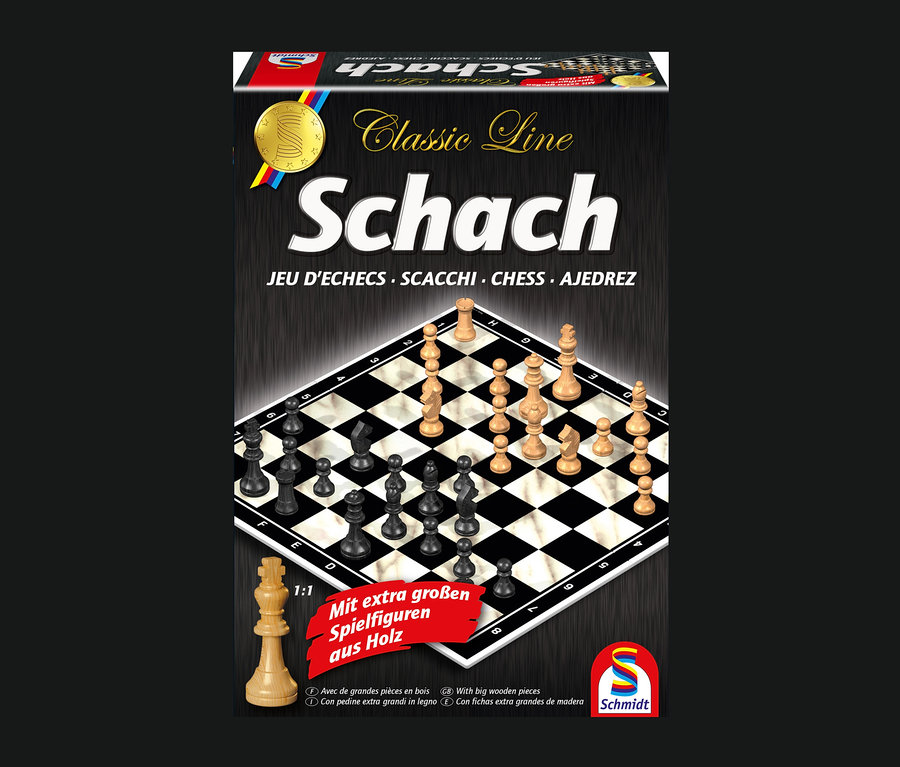 Verpackung des Schmidt Spiele Classic Line Schachspiels mit extragroßen Spielfiguren.