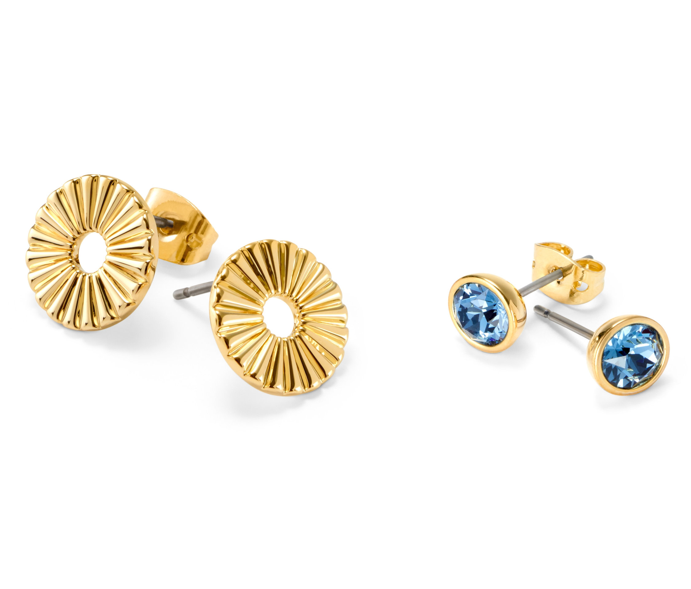 Zwei goldene Ohrstecker-Sets.