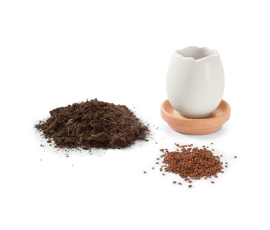 Ein Erdhaufen, Samen und ein Kresse-Ei und Osterei mit Saatgut aus Keramik auf einer Terrakotta-Unterlage.