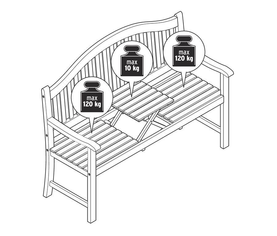 Zeichnung einer Gartenbank Vintage Grey »Leira« mit hochklappbarem Tabletttisch und einer maximalen Belastbarkeit von 120 kg.