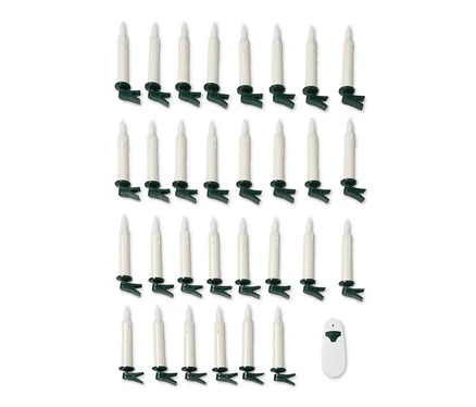 Vier Reihen von 30 LED-Weihnachtsbaumkerzen mit Clips und Fernbedienung.