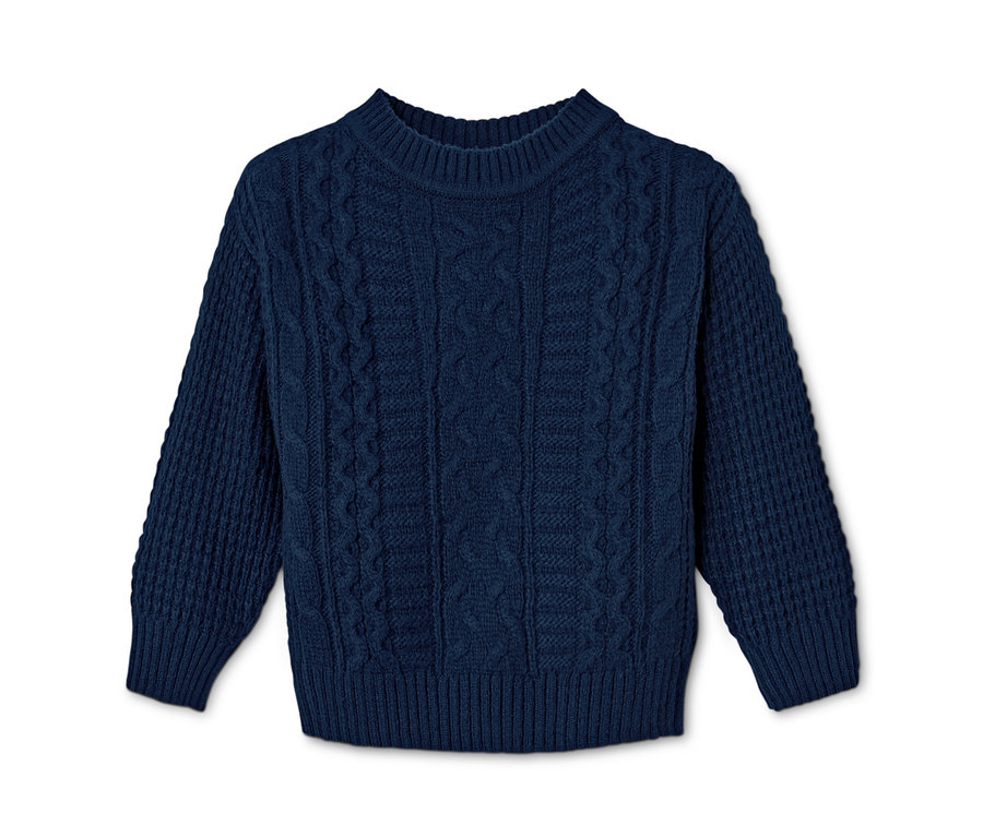 Ein dunkelblauer Strickpullover liegt auf einem weißen Hintergrund.