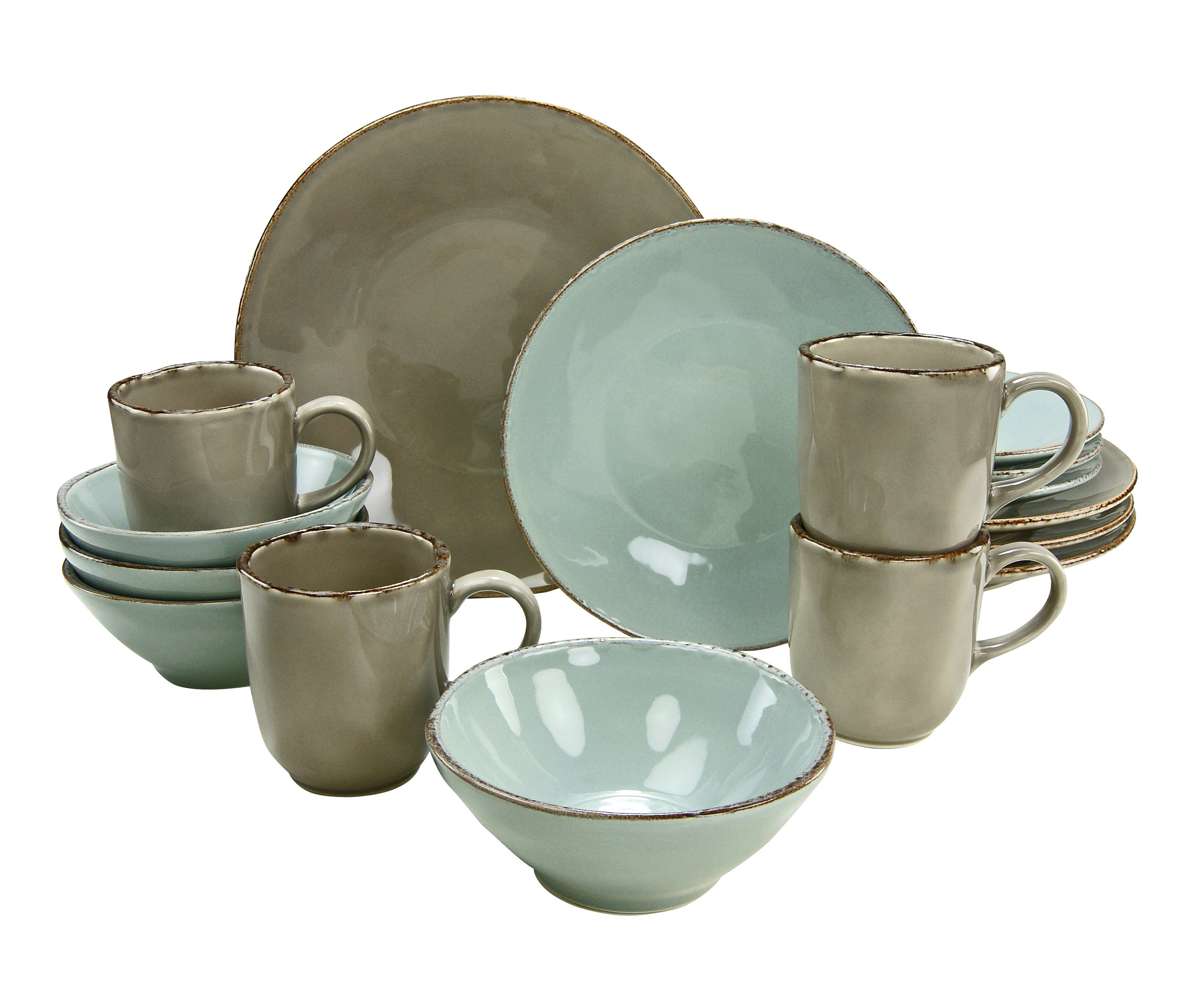 Ein 16-teiliges Kombiservice »Oslo« mit Tellern, Schüsseln und Tassen in Grau und Blau.