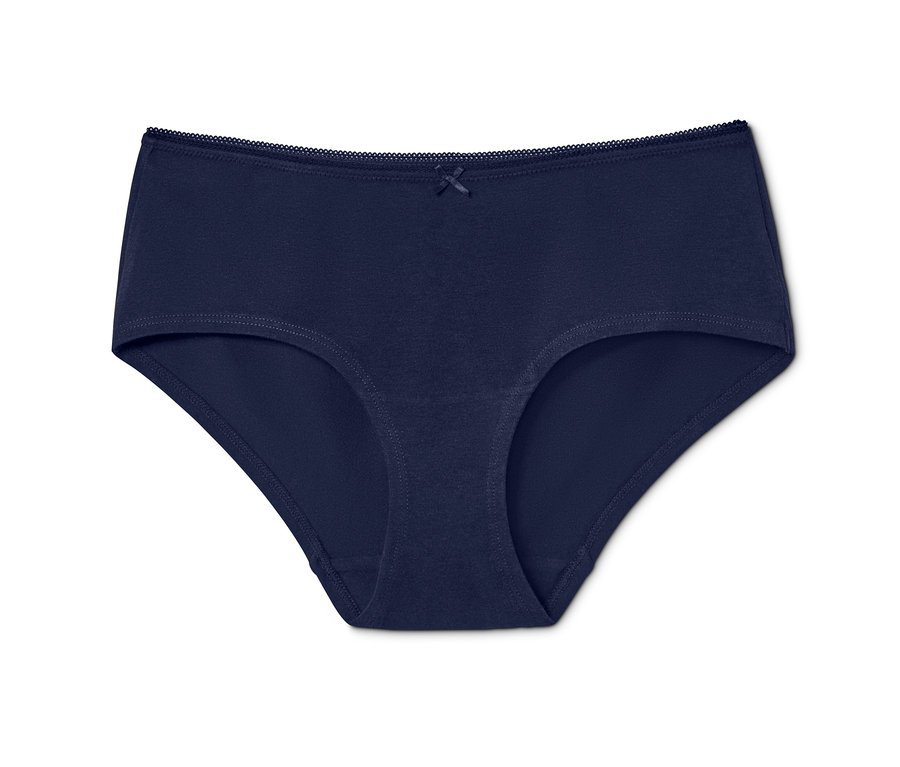 Detailaufnahme einer einzelnen marineblauen Panty aus einem 5er-Set mit Spitzenbesatz und Schleife.