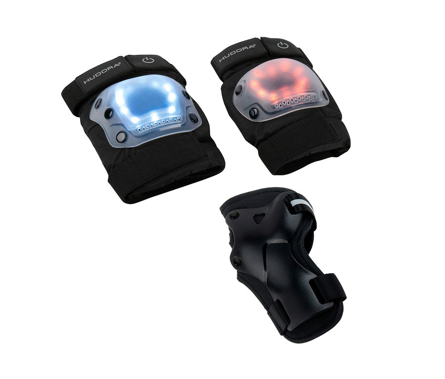 Zwei HUDORA LED-Protektoren-Sets für die Knie und ein Ellbogenschoner auf weißem Hintergrund.