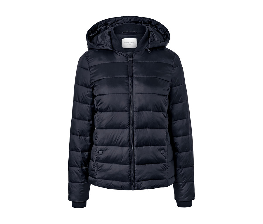 Dunkelblaue Steppjacke mit Kapuze mit Reißverschluss.