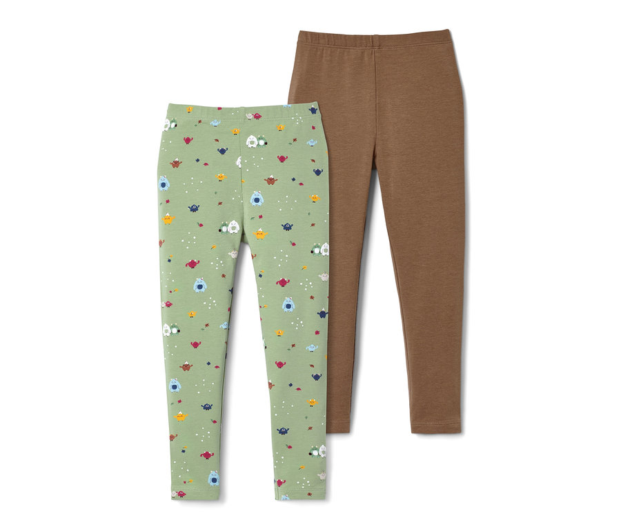 Zwei Leggings: eine hellgrün mit Muster, eine braun.