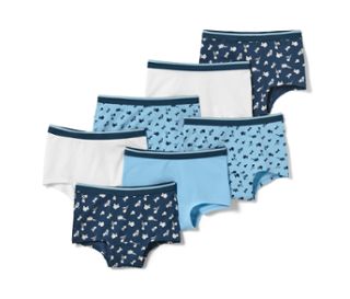 2x dunkelblau und 2x hellblau mit Blumenprint, 1x hellblau, 1x dunkelblau, 1x weiß