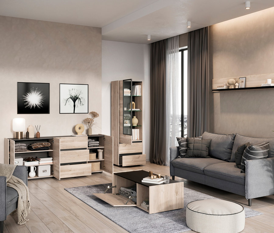 Wohnzimmer mit grauem Sofa, beigem Hocker und Cantoria-Holzmöbeln.