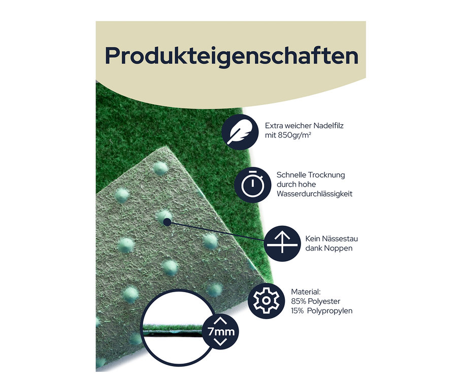 Produktmerkmale Primaflor Rasenteppich: extra weicher Nadelfilz, schnelle Trocknung durch hohe Wasserdurchlässigkeit, kein Nässestau dank Noppen, Material: 85 % Polyester, 15 % Polypropylen.
