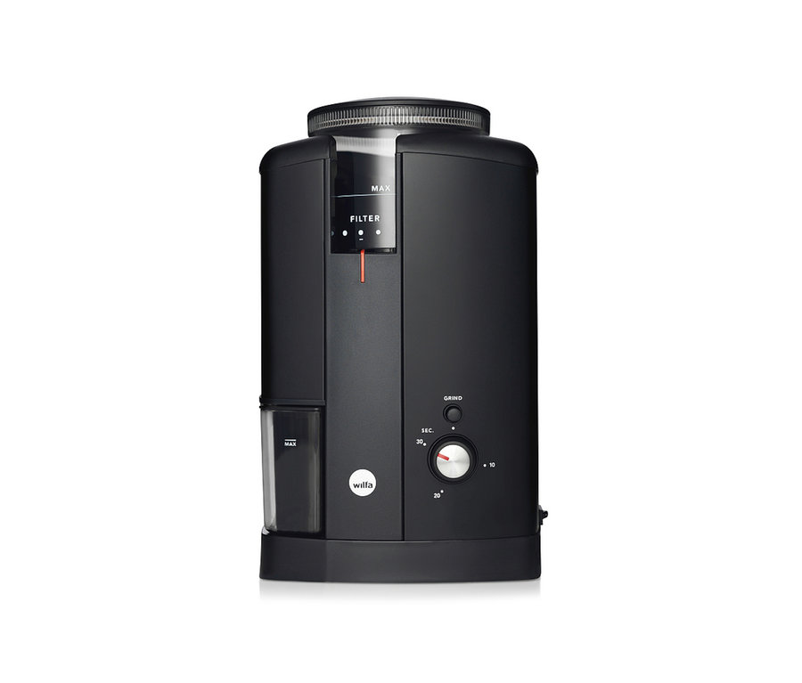 Eine schwarze Wilfa Kaffeemühle »Svart Aroma«.