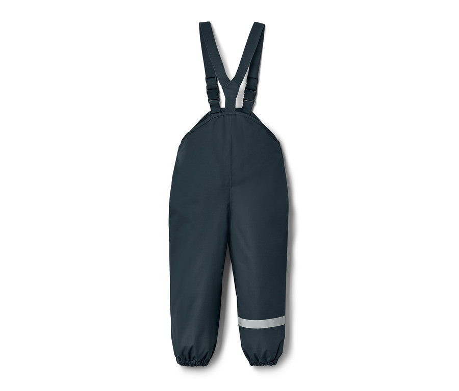 Dunkelblaue Kleinkind-Regenhose mit Latz und reflektierendem Streifen am Hosenbein.