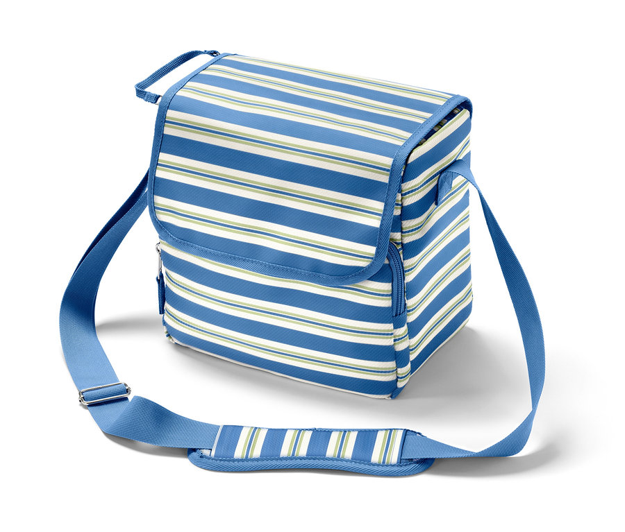 Gestreifte Mini-Kühltasche mit blauen und weißen Streifen.
