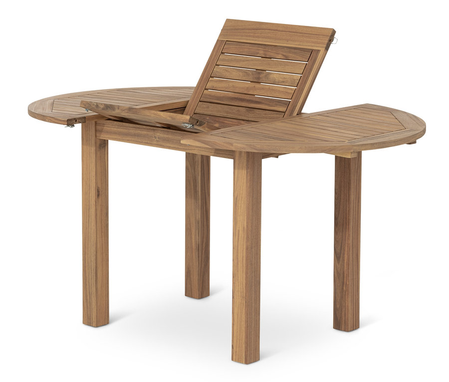 Ein teilweise ausgezogener runder Ausziehtisch aus Teakholz.