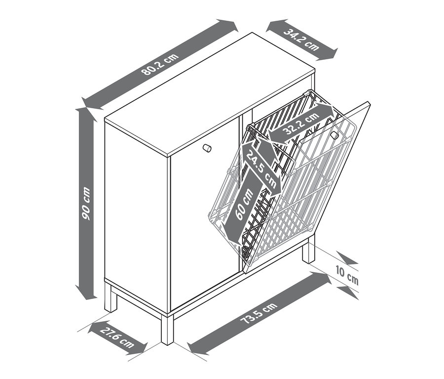 Illustration der Abmessungen eines Wäschekorbregals.