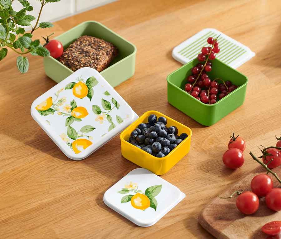 Aufsicht auf einen Holztisch mit verschiedenfarbigen Brotboxen mit Obst und Gemüse.