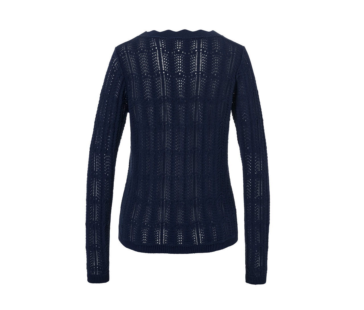 Marineblaue Strickjacke mit Ajour-Muster.