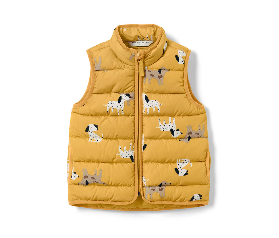 Gelbe Kinder-Steppweste mit Hundeprint.