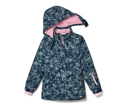 Kinder-Skijacke mit Kapuze, gemustert, in Blau- und Grüntönen mit rosa Futter.