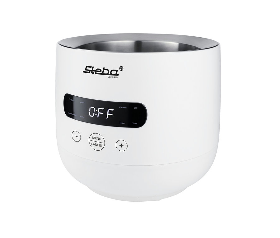 Weißer Steba Joghurt- und Frischkäsebereiter JM4 mit Edelstahl-Innenbehälter und Digitaldisplay.