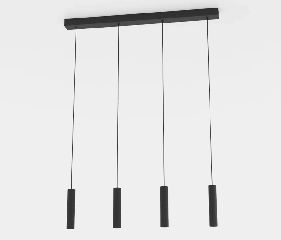 Vier schwarze zylindrische Pendelleuchten hängen von einer rechteckigen Basis, die an der Decke befestigt ist. Eglo Pendelleuchte »Almudaina«