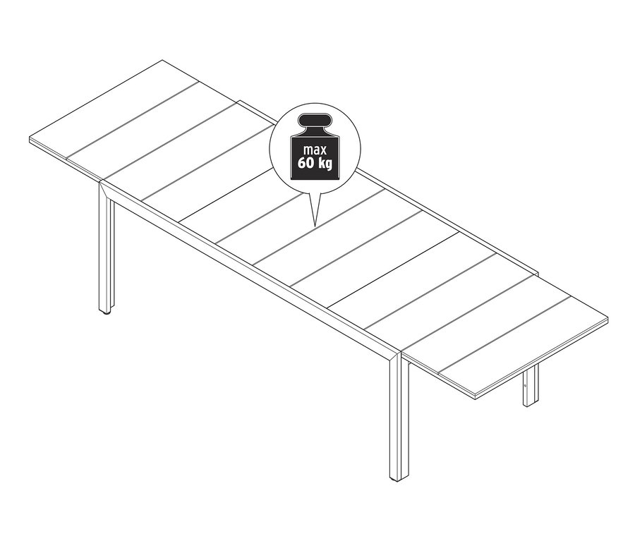 Skizze eines Ausziehtischs mit Duraboard-Tischplatte und einer maximalen Traglast von 60 kg.