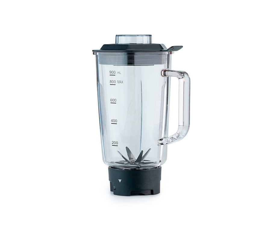 Ein durchsichtiger Wilfa Mixer »ACTIVLIFE B2GS-T« mit schwarzem Sockel und Deckel.