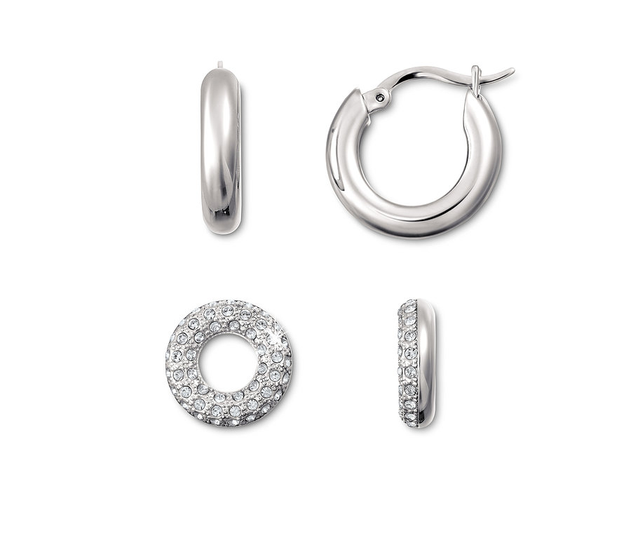 Vier Creolen Sparkle Donut Ohrringe auf weißem Hintergrund.