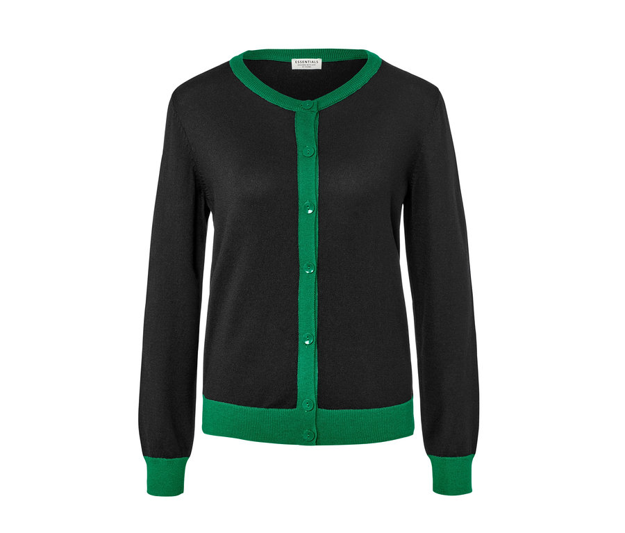 Schwarzer Feinstrick-Cardigan mit grünen Details.