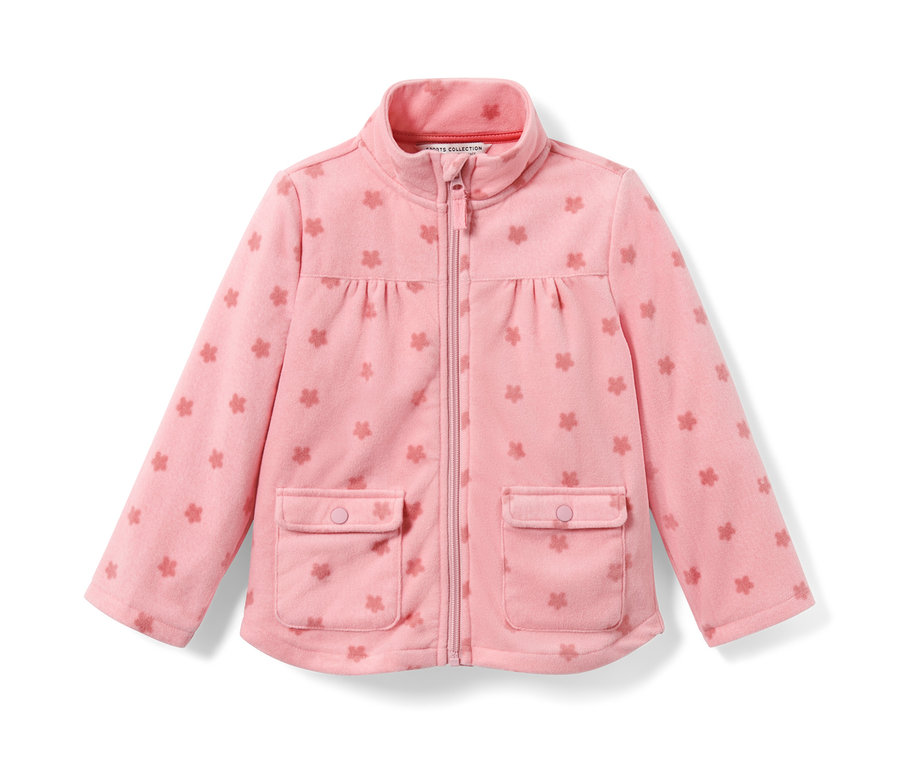 Eine hellrosa Kleinkind-Fleecejacke mit Reißverschluss und Taschen liegt auf einem weißen Hintergrund.