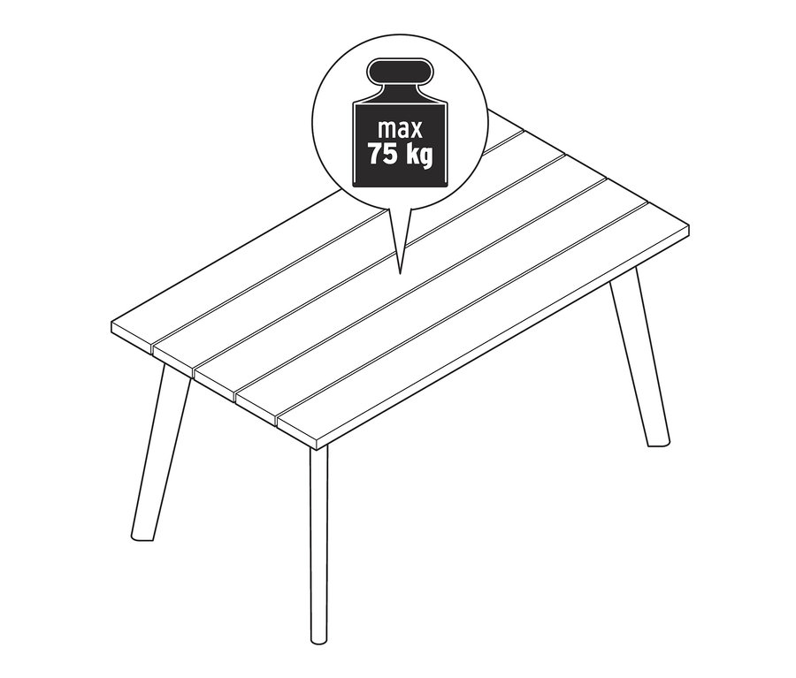 Skizze eines Lounge-Dining-Sets mit einer maximalen Traglast von 75 kg.