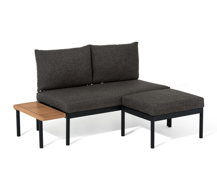 Balkon-Lounge-Set »Elin« mit Holztisch und grauen Kissen.