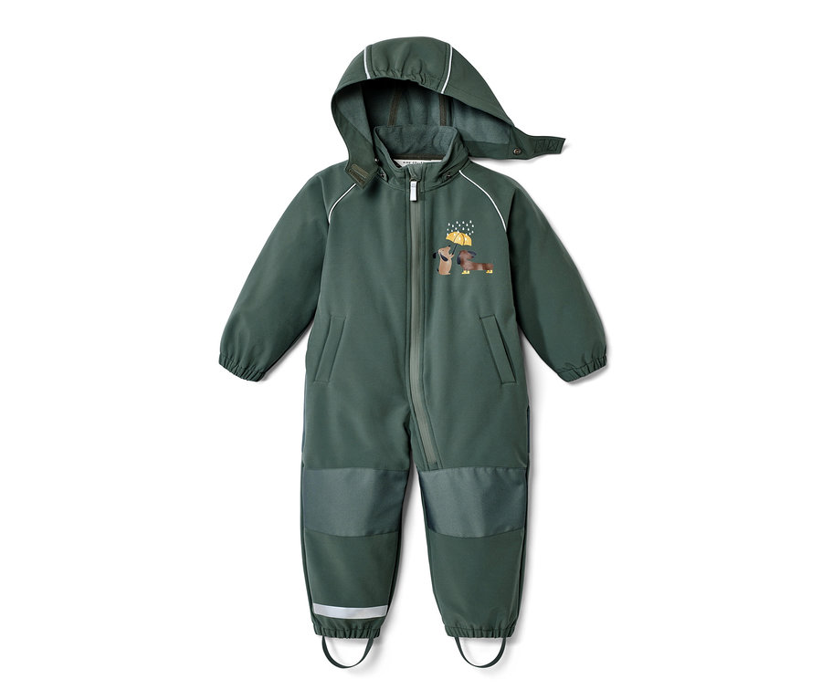 Grüner Kinder-Softshell-Einteiler mit Kapuze und Hunde-Regenschirm-Motiv.