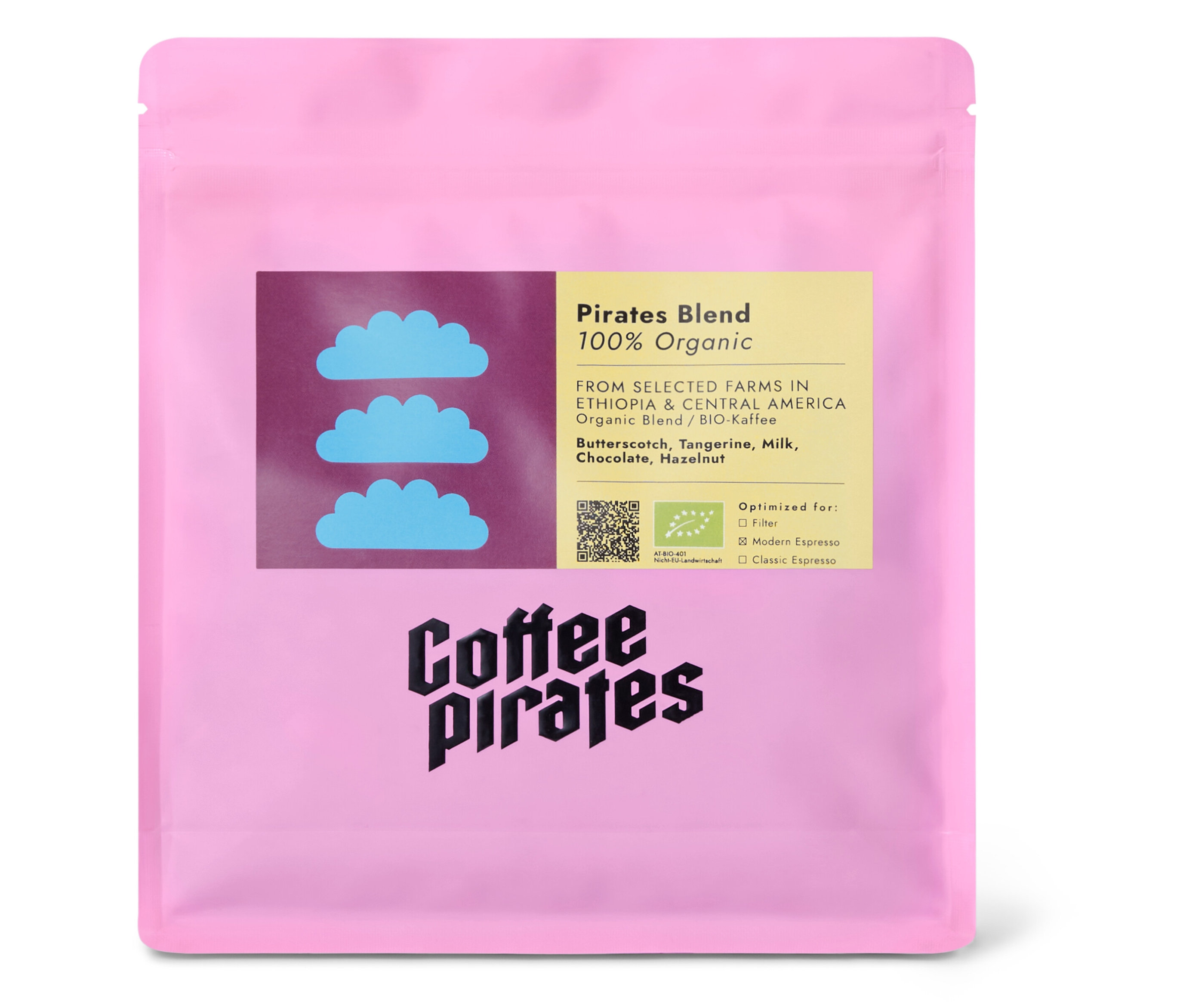Pinkfarbene Verpackung von Coffee Pirates - Pirates Blend Bio Espresso - 250 g Ganze Bohne.