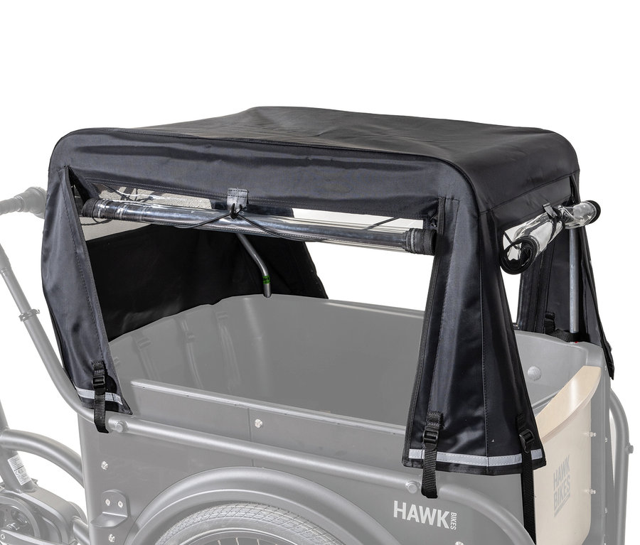 Schwarzes HAWK Regenverdeck für E-Cargo 3.2 Bafang am Fahrrad montiert.