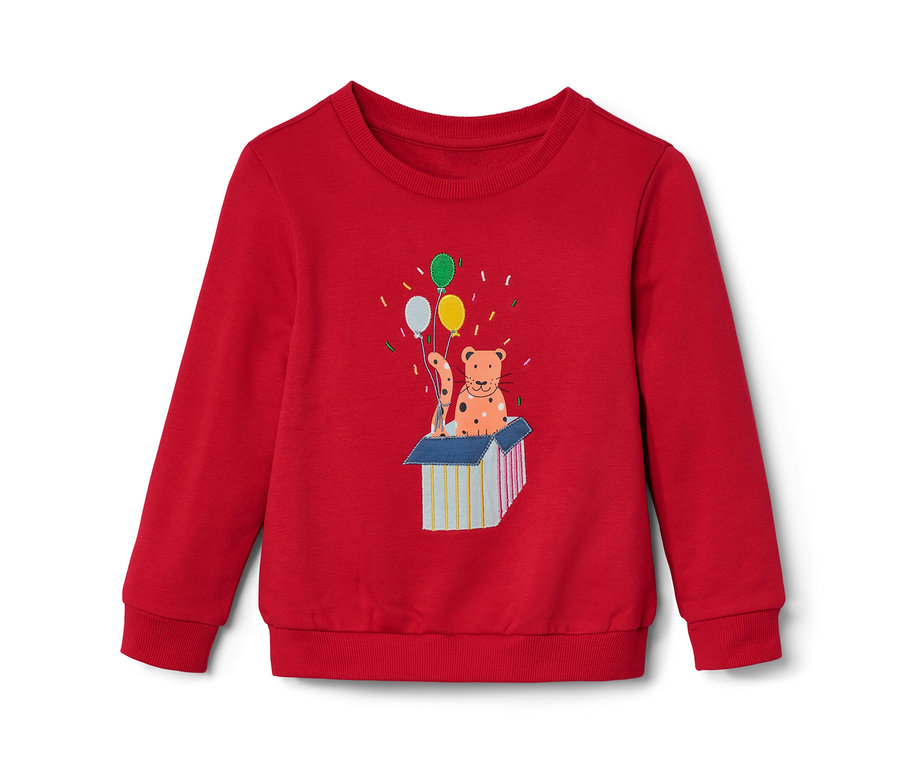 Rotes Kinder-Sweatshirt mit angerauter Innenseite und einem Aufdruck eines Tieres mit Luftballons.