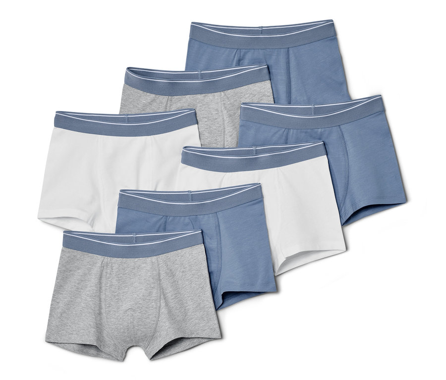 Sieben graue, weiße und blaue Kinder-Slipboxer.