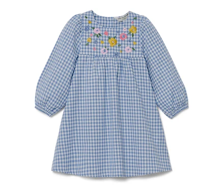 Blaues kariertes Kinder-Webkleid mit Blumenstickerei.